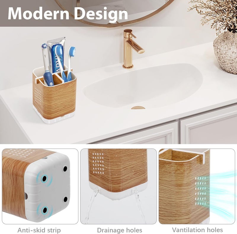 Boperzi Toothbrush Holders for Bathrooms Organizer Countertop, Detachable Anti-Slip Electric Toothbrush Holders for Kids, Toothbrush and Toothpaste Holder Storage Caddy Drainage for Shower Wood Grain - Image 3